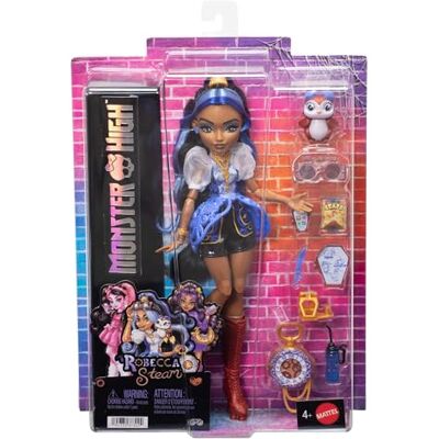 Monster Cable Robecca Steam-pop met blauwe blouse, zwarte korte broek, Captain Penny huisdier pinguïn en 7 accessoires zoals vliegeniersbril, JMB81 Monster Cable Robecca Steam-pop met blauwe blouse, zwarte korte broek, Captain Penny huisdier pinguïn en 7 accessoires zoals vliegeniersbril, JMB81