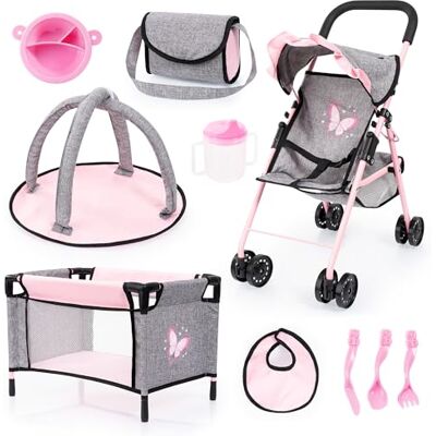 Bayer Design 21533AB bedje, speelboog, tas, accessoires,roze, grijs Bayer Design 21533AB bedje, speelboog, tas, accessoires,roze, grijs