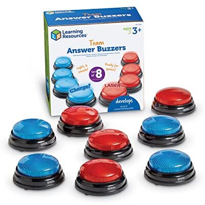 Learning Resources Team Response Buzzers, 4 rode buzzers en 4 blauwe zoemers, 2 verschillende geluiden, voor games in de klas en thuis, vanaf 3 jaar Learning Resources Team Response Buzzers, 4 rode buzzers en 4 blauwe zoemers, 2 verschillende geluiden, voor games in de klas en thuis, vanaf 3 jaar