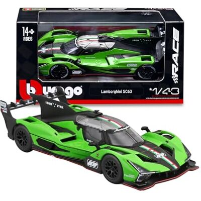 Bburago Lamborghini SC63 LMDh Realistisch schaalmodel op schaal 1:43, replica van de gietijzeren auto met officiële Lamborghini-licentie, aanbevolen leeftijd: 14+ jaar Bburago Lamborghini SC63 LMDh Realistisch schaalmodel op schaal 1:43, replica van de gietijzeren auto met officiële Lamborghini-licentie, aanbevolen leeftijd: 14+ jaar