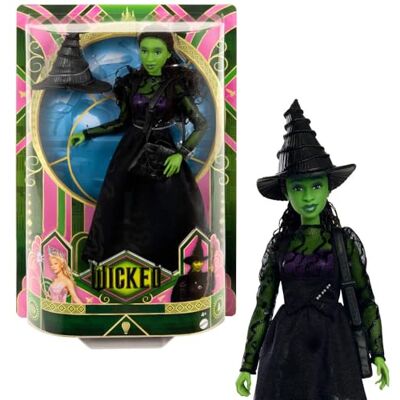 Mattel Wicked Elphaba pop en accessoires met groene huid, zwart gevlochten haar, verschillende poses en rekbare baljurk, HXT62, meerkleurig Mattel Wicked Elphaba pop en accessoires met groene huid, zwart gevlochten haar, verschillende poses en rekbare baljurk, HXT62, meerkleurig