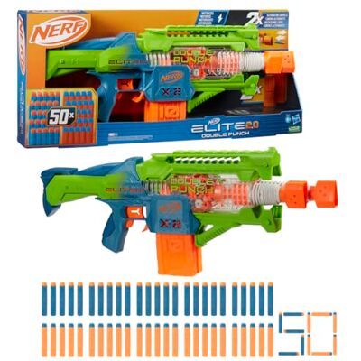 Nerf Elite 2.0, gemotoriseerde Double Punch blaster, snel bewegende lopen, 50 Elite darts, 2 x 10-dartmagazijn, vanaf 8 jaar Nerf Elite 2.0, gemotoriseerde Double Punch blaster, snel bewegende lopen, 50 Elite darts, 2 x 10-dartmagazijn, vanaf 8 jaar