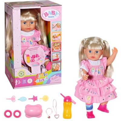 BABY born Zapf Creation 834916 kleuterschool Little Sister 36 cm grote pop met 7 levensechte functies, lang blond haar en 11 accessoires BABY born Zapf Creation 834916 kleuterschool Little Sister 36 cm grote pop met 7 levensechte functies, lang blond haar en 11 accessoires