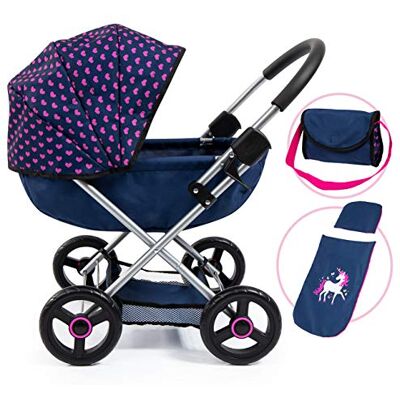 Bayer Design 12754AA Poppenwagen Cosy poppenwagen, opvouwbaar, tas, knuffeldeken en kussen, blauw, roze, eenhoorn Bayer Design 12754AA Poppenwagen Cosy poppenwagen, opvouwbaar, tas, knuffeldeken en kussen, blauw, roze, eenhoorn
