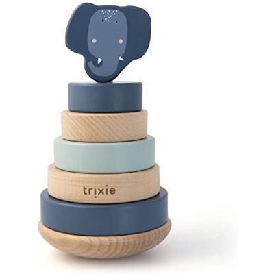 Trixie Stapeltoren baby met houten ringen Mrs. blauwe olifant Trixie Stapeltoren baby met houten ringen Mrs. blauwe olifant
