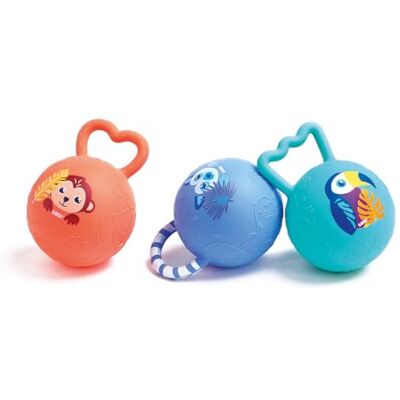 LUDI – Set van 3 rammelaars ballen – zachte gestructureerde ballen met belletjes – stimuleert de motoriek en sensorische ontwaking – 100% pvc – vanaf 3 maanden LUDI – Set van 3 rammelaars ballen – zachte gestructureerde ballen met belletjes – stimuleert de motoriek en sensorische ontwaking – 100% pvc – vanaf 3 maanden