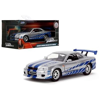 Jada Speelgoed Miniatuur auto Nissan Skyline GTR R34 Brian Fast and Furious schaal 1:32, 97184S, grijs/blauw, 14 jaar tot 99 jaar Jada Speelgoed Miniatuur auto Nissan Skyline GTR R34 Brian Fast and Furious schaal 1:32, 97184S, grijs/blauw, 14 jaar tot 99 jaar