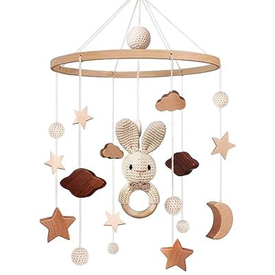 SWECOMZE Mobiele houten mobiel babybed babybed bel windgong baby met wolken sterren afneembare haak konijn baby mobiel speelgoed, decoratie babykamer cadeau voor meisjes jongens SWECOMZE Mobiele houten mobiel babybed babybed bel windgong baby met wolken sterren afneembare haak konijn baby mobiel speelgoed, decoratie babykamer cadeau voor meisjes jongens
