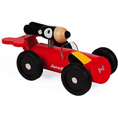 Janod Spirit Wooden Car Toy Dan rubberen wielen en glanzende verf, J04490 Janod Spirit Wooden Car Toy Dan rubberen wielen en glanzende verf, J04490