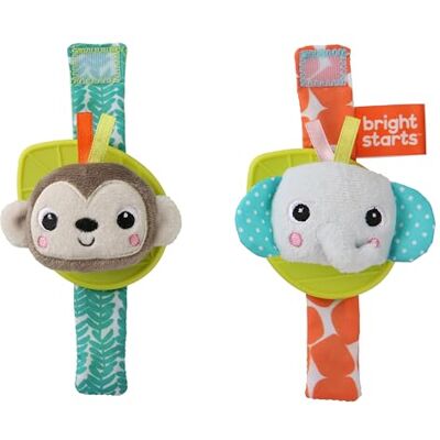 Bright Starts , rammelaar en bijtspeelgoed, BPA-vrij polsspeelgoed voor baby aap en olifant, pasgeborene+ Bright Starts , rammelaar en bijtspeelgoed, BPA-vrij polsspeelgoed voor baby aap en olifant, pasgeborene+