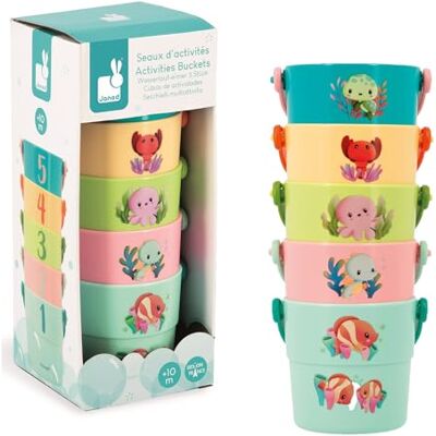 Janod 5 activiteiten badspeelgoed eerste leeftijd emmer met baby zeedieren vanaf 10 maanden, J04722, meerkleurig Janod 5 activiteiten badspeelgoed eerste leeftijd emmer met baby zeedieren vanaf 10 maanden, J04722, meerkleurig