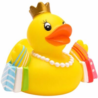 Duckshop Pieende eend Shopping-Queen 8 cm lang, rubberen eend en badeend, cadeau voor winkelliefhebbers Duckshop Pieende eend Shopping-Queen 8 cm lang, rubberen eend en badeend, cadeau voor winkelliefhebbers