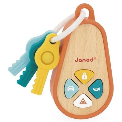 Janod Geluidssleutelhanger voor kinderen van hout en siliconen met 4 geluiden en 3 sleutels speelgoed rammelaar autosleutels fijne motoriek vanaf 18 maanden Janod Geluidssleutelhanger voor kinderen van hout en siliconen met 4 geluiden en 3 sleutels speelgoed rammelaar autosleutels fijne motoriek vanaf 18 maanden