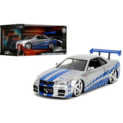 Jada Toys Fast & Furious Brian's 2002 Nissan Skyline R34 gegoten auto, schaal 1:24, zilver en blauw, 19808 Jada Toys Fast & Furious Brian's 2002 Nissan Skyline R34 gegoten auto, schaal 1:24, zilver en blauw, 19808