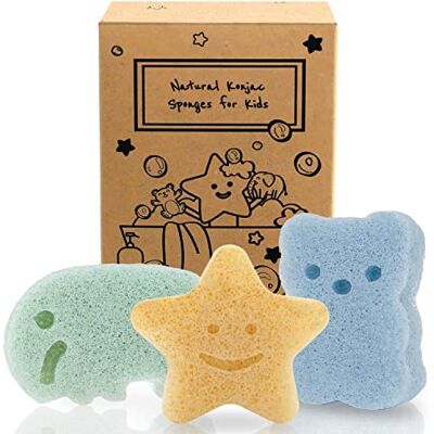 myHomeBody Konjac badspons voor baby's, natuurlijke badsponzen met schattige vormen voor zuigelingen en peuters, set olifant, beer en ster myHomeBody Konjac badspons voor baby's, natuurlijke badsponzen met schattige vormen voor zuigelingen en peuters, set olifant, beer en ster