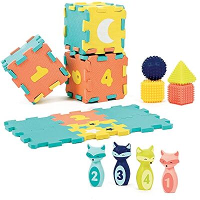 LUDI Activiteitenset Babyspeelgoed Vanaf 10 maanden Ontwikkelt denken, aanraken, motoriek en ontdekking Kegels + noppenbal + 4 geometrische vormen + 24 schuimtegels LUDI Activiteitenset Babyspeelgoed Vanaf 10 maanden Ontwikkelt denken, aanraken, motoriek en ontdekking Kegels + noppenbal + 4 geometrische vormen + 24 schuimtegels