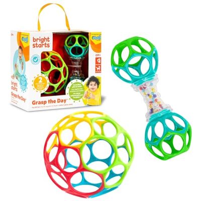 Bright Starts Easy-Grasp Oball Bundle Set van 2 BPA-vrije ballen en rammelaars, uniseks, grasmotief van de dag Bright Starts Easy-Grasp Oball Bundle Set van 2 BPA-vrije ballen en rammelaars, uniseks, grasmotief van de dag