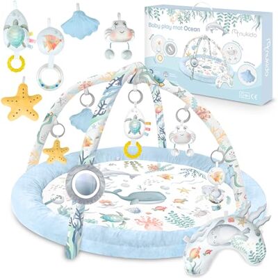 Nukido Speelmat met speelboog voor baby's, 7 speeltjes en kussens, zacht, onderhoudsvriendelijk, oceaanblauw Nukido Speelmat met speelboog voor baby's, 7 speeltjes en kussens, zacht, onderhoudsvriendelijk, oceaanblauw