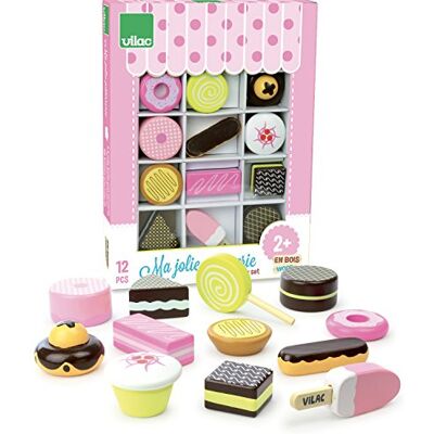 Vilac Houten speelgoed Keuken en handelaar Doos met 12 houten gebakjes en lekkernijen, Ma jolie Patisserie 8163, Blauw Vilac Houten speelgoed Keuken en handelaar Doos met 12 houten gebakjes en lekkernijen, Ma jolie Patisserie 8163, Blauw