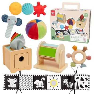 Nene Toys Montessori Babyspeelgoed 0-6 maanden, sensorische 7-in-1 houten doos met zwart-wit boek, zakdoekdoos, draaibare trommel, ballen, bijtring en rammelaar, cadeau voor geboorte Nene Toys Montessori Babyspeelgoed 0-6 maanden, sensorische 7-in-1 houten doos met zwart-wit boek, zakdoekdoos, draaibare trommel, ballen, bijtring en rammelaar, cadeau voor geboorte