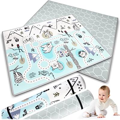 Nukido Dubbelzijdige speelmat voor baby's, kruipmat, vloermatras, kruipmat, opvouwbare kruipmat, vloermat voor kinderkamer, speelgoed voor baby's van 0-6 maanden, blauw, 150 x Nukido Dubbelzijdige speelmat voor baby's, kruipmat, vloermatras, kruipmat, opvouwbare kruipmat, vloermat voor kinderkamer, speelgoed voor baby's van 0-6 maanden, blauw, 150 x