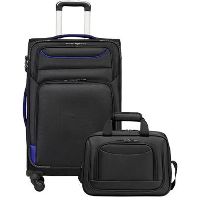 Coolife Trolleykoffer, reiskoffer met 4 wielen, stoffen koffer, handbagage, TSA-slot, koffer bevat 1 grote schoudertas, zwart en blauw., Nice Coolife Trolleykoffer, reiskoffer met 4 wielen, stoffen koffer, handbagage, TSA-slot, koffer bevat 1 grote schoudertas, zwart en blauw., Nice
