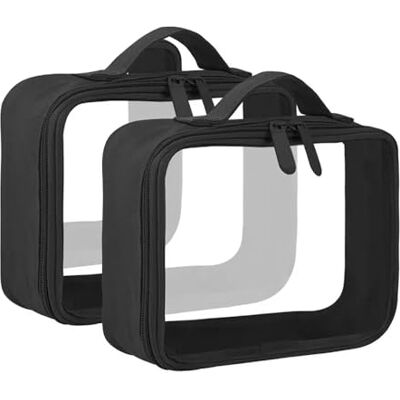 FonVan Set van 2 transparante reistoilettassen, waterdicht, pvc, TSA-goedgekeurd, met riemgreep, transparante toilettas voor vrouwen en mannen, zwart, zwart FonVan Set van 2 transparante reistoilettassen, waterdicht, pvc, TSA-goedgekeurd, met riemgreep, transparante toilettas voor vrouwen en mannen, zwart, zwart