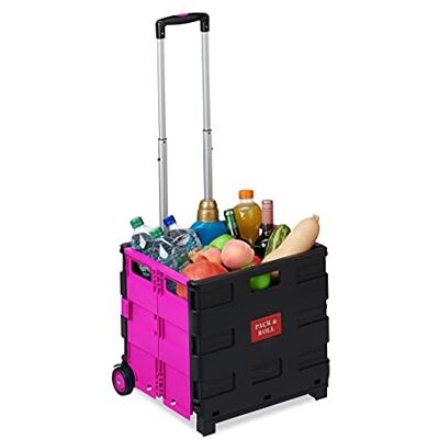 Relaxdays Inklapbare boodschappentrolley, telescopische handgreep, 2 rubberen wielen, tot 35 kg, winkeltrolley, aluminium, ABS, roze Relaxdays Inklapbare boodschappentrolley, telescopische handgreep, 2 rubberen wielen, tot 35 kg, winkeltrolley, aluminium, ABS, roze