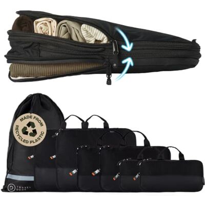 Travel Dude Reisorganizer Bagage Compressietas Van gerecyclede kunststof flessen Kofferindeling Reiszakjes voor rugzak (7 stuks, zwart) Travel Dude Reisorganizer Bagage Compressietas Van gerecyclede kunststof flessen Kofferindeling Reiszakjes voor rugzak (7 stuks, zwart)