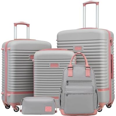Coolife Trolley ABS hard 4 wielen TSA-slot inclusief: rugzak en toilettas grijs/roze kofferset 5-delig Coolife Trolley ABS hard 4 wielen TSA-slot inclusief: rugzak en toilettas grijs/roze kofferset 5-delig