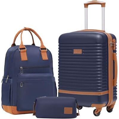 Coolife Trolley van hard ABS, 4 wielen, TSA-slot, de koffer bevat 1 reisrugzak en 1 toilettas, Blauw/Bruin, Klassiek Coolife Trolley van hard ABS, 4 wielen, TSA-slot, de koffer bevat 1 reisrugzak en 1 toilettas, Blauw/Bruin, Klassiek