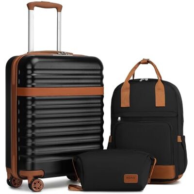 Kono Trolleykoffer Reiskoffer van ABS + PC Harde koffer met 4 wielen TSA-slot Inclusief 1 reisrugzak en 1 toilettas, zwart/bruin, handbagageset 3-delig Kono Trolleykoffer Reiskoffer van ABS + PC Harde koffer met 4 wielen TSA-slot Inclusief 1 reisrugzak en 1 toilettas, zwart/bruin, handbagageset 3-delig