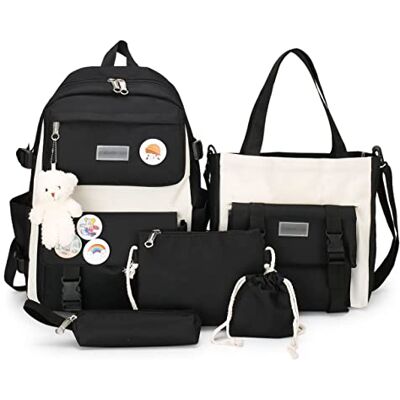 AONUOWE 5 stuks esthetische rugzakken voor schoolkinderen, tieners, meisjes, schattige en modieuze schoudertas, grote capaciteit, zwart., L, Unieke reisrugzak AONUOWE 5 stuks esthetische rugzakken voor schoolkinderen, tieners, meisjes, schattige en modieuze schoudertas, grote capaciteit, zwart., L, Unieke reisrugzak