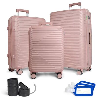 KINSTON Set van 3 reiskoffers groot, medium en cabine van polypropyleen met 360° draaibare wielen, wielbescherming, etikettenhouder, hangslot en telescopische handgreep, Roze, Set van 3 koffers KINSTON Set van 3 reiskoffers groot, medium en cabine van polypropyleen met 360° draaibare wielen, wielbescherming, etikettenhouder, hangslot en telescopische handgreep, Roze, Set van 3 koffers