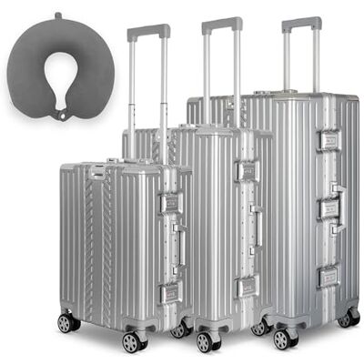 WINLIFE Kofferset met wieltjes 53 cm, 65 cm, 75 cm met aluminium frame, ABS + nekkussen antraciet en TSA-slot zilver WINLIFE Kofferset met wieltjes 53 cm, 65 cm, 75 cm met aluminium frame, ABS + nekkussen antraciet en TSA-slot zilver