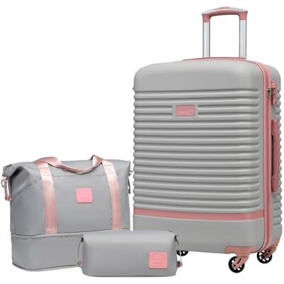 Coolife 3-delige kofferset, met reistassen en toilettas, Grijs/Roze, Koffer 20 inch kleine koffer voor korte reizen, licht ABS, TSA-slot, 360° draaibare wielen, telescopische handgreep Coolife 3-delige kofferset, met reistassen en toilettas, Grijs/Roze, Koffer 20 inch kleine koffer voor korte reizen, licht ABS, TSA-slot, 360° draaibare wielen, telescopische handgreep