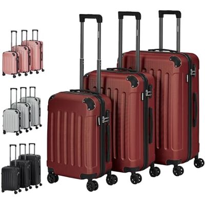 Arebos Kofferset, harde schaal, 3-delig, ABS, met telescopische handgreep, ritssluiting, 360° wielen, M-L-XL, rood Arebos Kofferset, harde schaal, 3-delig, ABS, met telescopische handgreep, ritssluiting, 360° wielen, M-L-XL, rood
