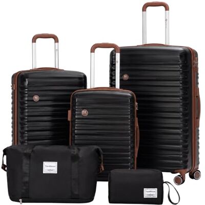 Travelhouse Ascona Set van 5 koffers met wielen van polycarbonaat + ABS-harde schaal, reistas en toilettas, handbagage, zwart, medium tot groot, kofferset Travelhouse Ascona Set van 5 koffers met wielen van polycarbonaat + ABS-harde schaal, reistas en toilettas, handbagage, zwart, medium tot groot, kofferset