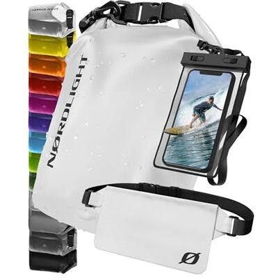 Nordlight Waterdichte Dry Bag met waterdicht telefoonzakje en heuptas (5 l, wit) IPX8 waterdichte rugzak met rolsluiting Zwemmen, varen, strand, suppen Nordlight Waterdichte Dry Bag met waterdicht telefoonzakje en heuptas (5 l, wit) IPX8 waterdichte rugzak met rolsluiting Zwemmen, varen, strand, suppen