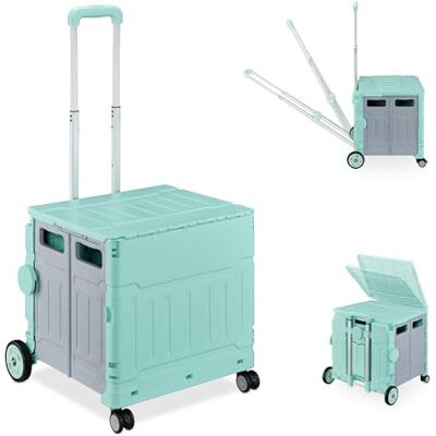 Relaxdays Opvouwbare boodschappentrolley, trolley met wielen, turquoise Met deksel, kantelbare handgreep, 50 kg Relaxdays Opvouwbare boodschappentrolley, trolley met wielen, turquoise Met deksel, kantelbare handgreep, 50 kg