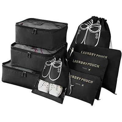 Vicloon Reisorganizer, 8 stuks bagage-organizers voor op reis, verschillende maten waterdichte kubus-reistassen voor het opbergen, zwart. Vicloon Reisorganizer, 8 stuks bagage-organizers voor op reis, verschillende maten waterdichte kubus-reistassen voor het opbergen, zwart.