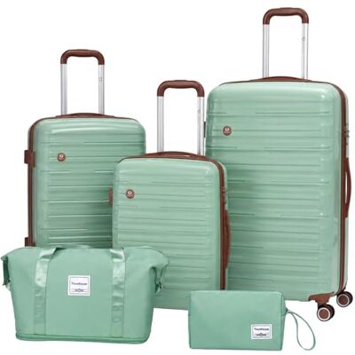 Travelhouse Ascona Set van 5 koffers met wielen van polycarbonaat + ABS-harde schaal, reistas en toilettas, handbagage, donkergroen, S, M, L, kofferset Travelhouse Ascona Set van 5 koffers met wielen van polycarbonaat + ABS-harde schaal, reistas en toilettas, handbagage, donkergroen, S, M, L, kofferset