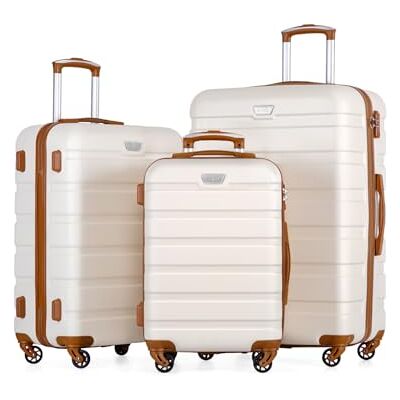 Coolife Reiskofferset, 3 maten, grote koffer, cabinekoffer, kleine koffer, reistassen, ABS-koffer met 4 wielen, wit/abrikoos, 3-delige set, harde koffer, reiskoffer Coolife Reiskofferset, 3 maten, grote koffer, cabinekoffer, kleine koffer, reistassen, ABS-koffer met 4 wielen, wit/abrikoos, 3-delige set, harde koffer, reiskoffer