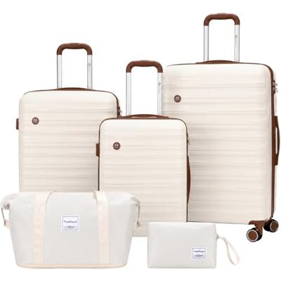 Travelhouse Ascona Set van 5 trolleykoffers van hard polycarbonaat en ABS, met reistas en toilettas, crème/wit, 75 cm x 47 cm x 29 cm, kofferset Travelhouse Ascona Set van 5 trolleykoffers van hard polycarbonaat en ABS, met reistas en toilettas, crème/wit, 75 cm x 47 cm x 29 cm, kofferset
