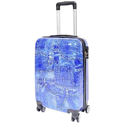 House of Luggage Harde cabinekoffer met vier wielen met print, Print blauwe jeans, Handcabine House of Luggage Harde cabinekoffer met vier wielen met print, Print blauwe jeans, Handcabine