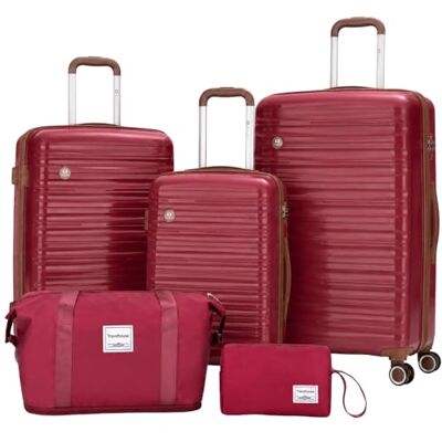 Travelhouse Ascona Set van 5 trolleykoffers van hard polycarbonaat en ABS, met reistas en toilettas, Bordeaux rood, Kofferset Travelhouse Ascona Set van 5 trolleykoffers van hard polycarbonaat en ABS, met reistas en toilettas, Bordeaux rood, Kofferset