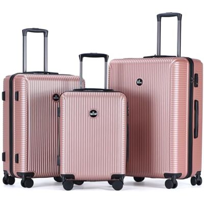 Blade Set van 3 koffers met harde schaal, lichte koffer op wielen, handbagage van ABS + PC met TSA-slot, koffer met 4 wielen, spinner, set van 3 reiskoffers, Rozengoud., Koffer Blade Set van 3 koffers met harde schaal, lichte koffer op wielen, handbagage van ABS + PC met TSA-slot, koffer met 4 wielen, spinner, set van 3 reiskoffers, Rozengoud., Koffer