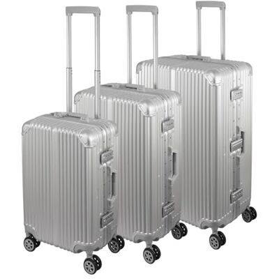 Laroqx FusionShell Set van 3 harde koffers met aluminium frame 57 68 77 cm (43 l, 65 l, 110 l) versterkt frame TSA-cijferslot 360° rubberen dubbele wielen Handgreep, zilver., Modern design met Laroqx FusionShell Set van 3 harde koffers met aluminium frame 57 68 77 cm (43 l, 65 l, 110 l) versterkt frame TSA-cijferslot 360° rubberen dubbele wielen Handgreep, zilver., Modern design met