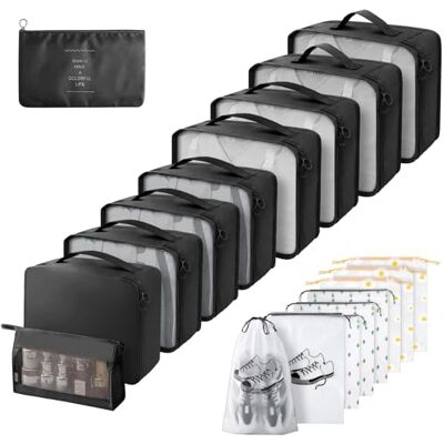 Gemtte Set van 18 waterdichte kofferorganizers, multifunctionele opbergkubus, reistassen met kledingtassen (zwart) Gemtte Set van 18 waterdichte kofferorganizers, multifunctionele opbergkubus, reistassen met kledingtassen (zwart)