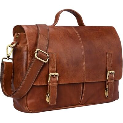 STILORD Handmatige documententas voor heren, leer, groot, vintage, business, 15,6 inch, A4, echt buffelleer, Bruin Cognac STILORD Handmatige documententas voor heren, leer, groot, vintage, business, 15,6 inch, A4, echt buffelleer, Bruin Cognac